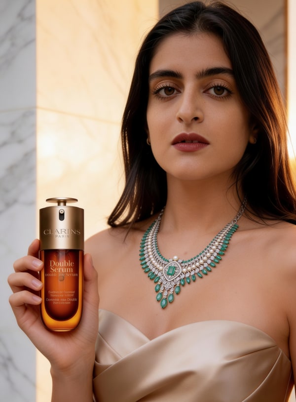 A model holding a serum bottle in a styled interior, in the manner of creator content