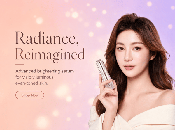 A skincare ad creative pairing a model with a serum bottle and campaign headline