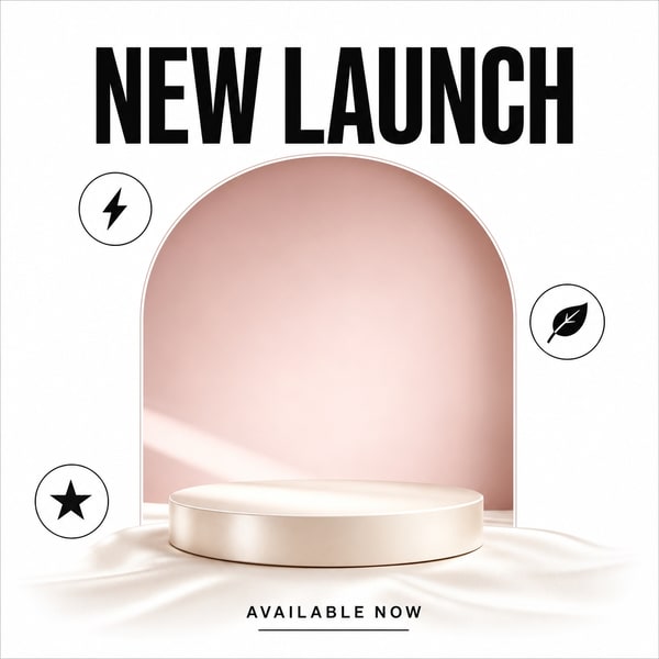 A product launch announcement graphic with a podium and new-launch headline