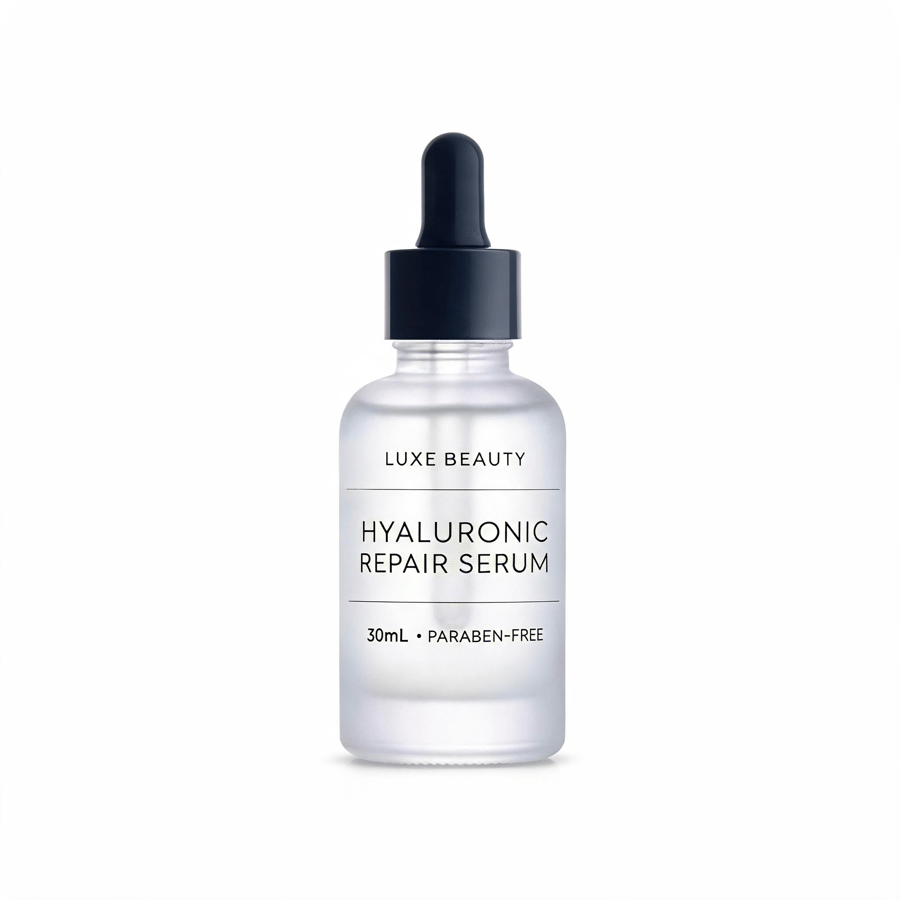 A plain serum bottle product photograph on a neutral background