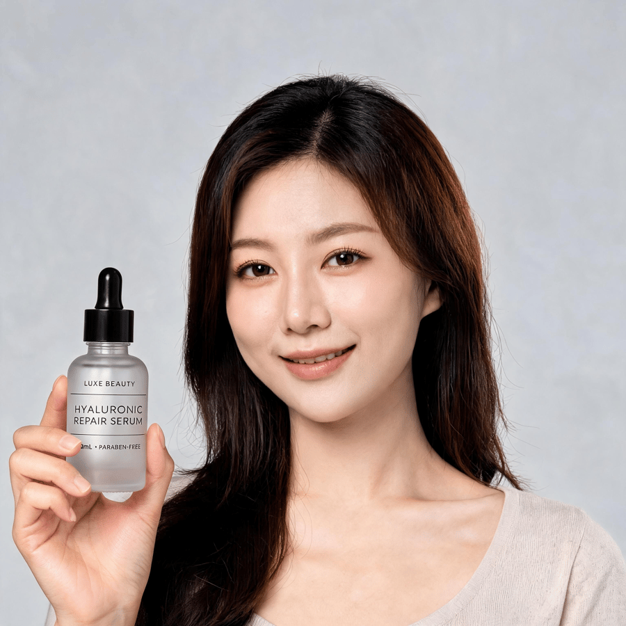 The same serum bottle held by a model in a generated lifestyle product photograph