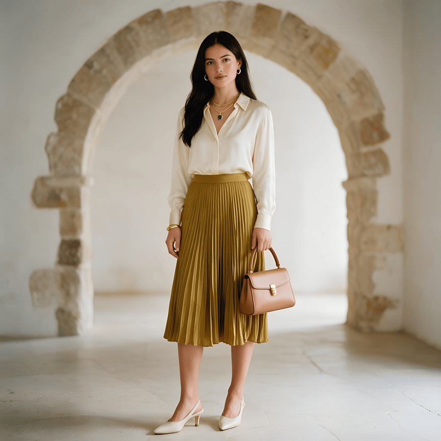 The same outfit worn by a model standing in a stone archway