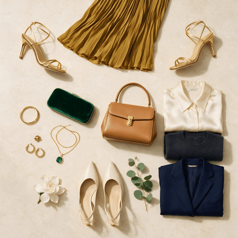 A flat lay of a pleated skirt, shirt, handbag, shoes and jewellery arranged on a table